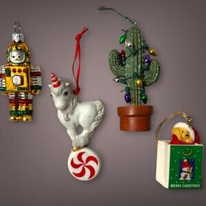 Lot of 4 Vintage & Modern Christmas Ornaments – Robot, Unicorn, Cactus, Puppy